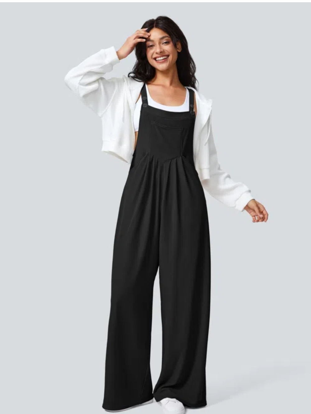 Halara Jumpsuit Overalls Black Waffle Wide Leg Pleated Bib L Minimalist Capsule
